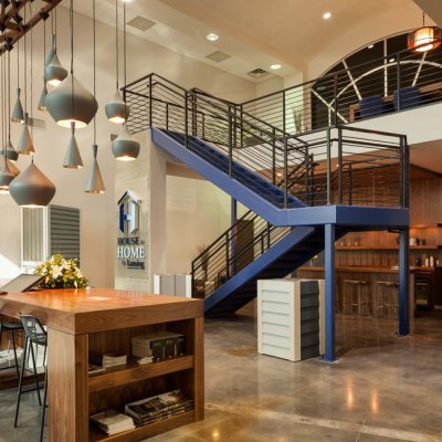 interior view of a blue staircase in an open room